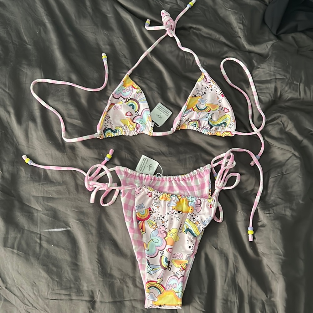 Crazy cute VDM reversible bikini pink gingham stars comics